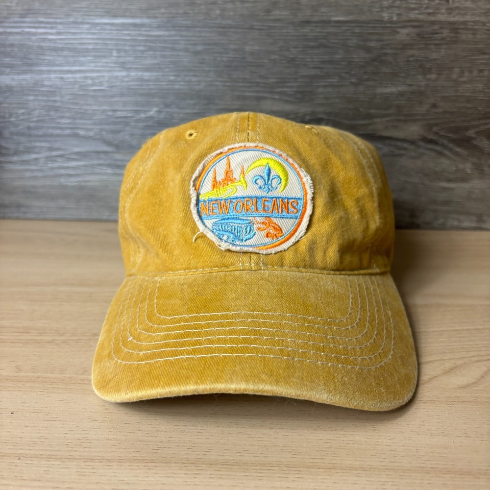 New Orleans Hat Cap Strap Back Yellow Distressed Patch Adjustable